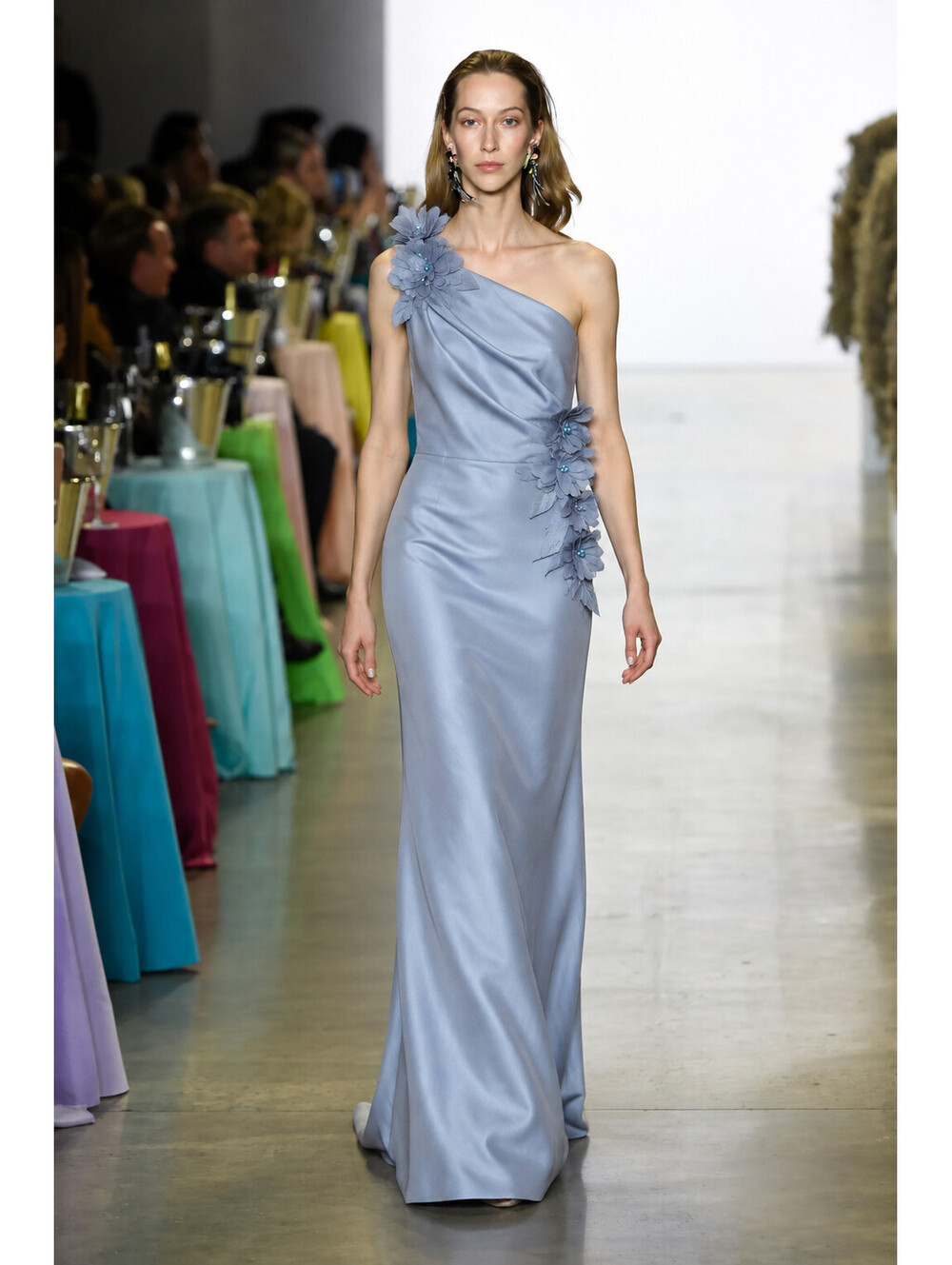 Badgley Mischka Periwinkle Blue One Shoulder 3D Floral Appliqué Gown 4 Formal
